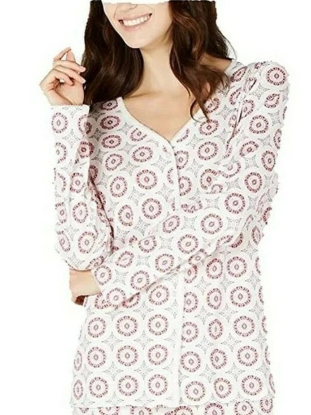 Charter Club Printed Pajama Set Button Up Shirt Full Length Pants Lightweight L